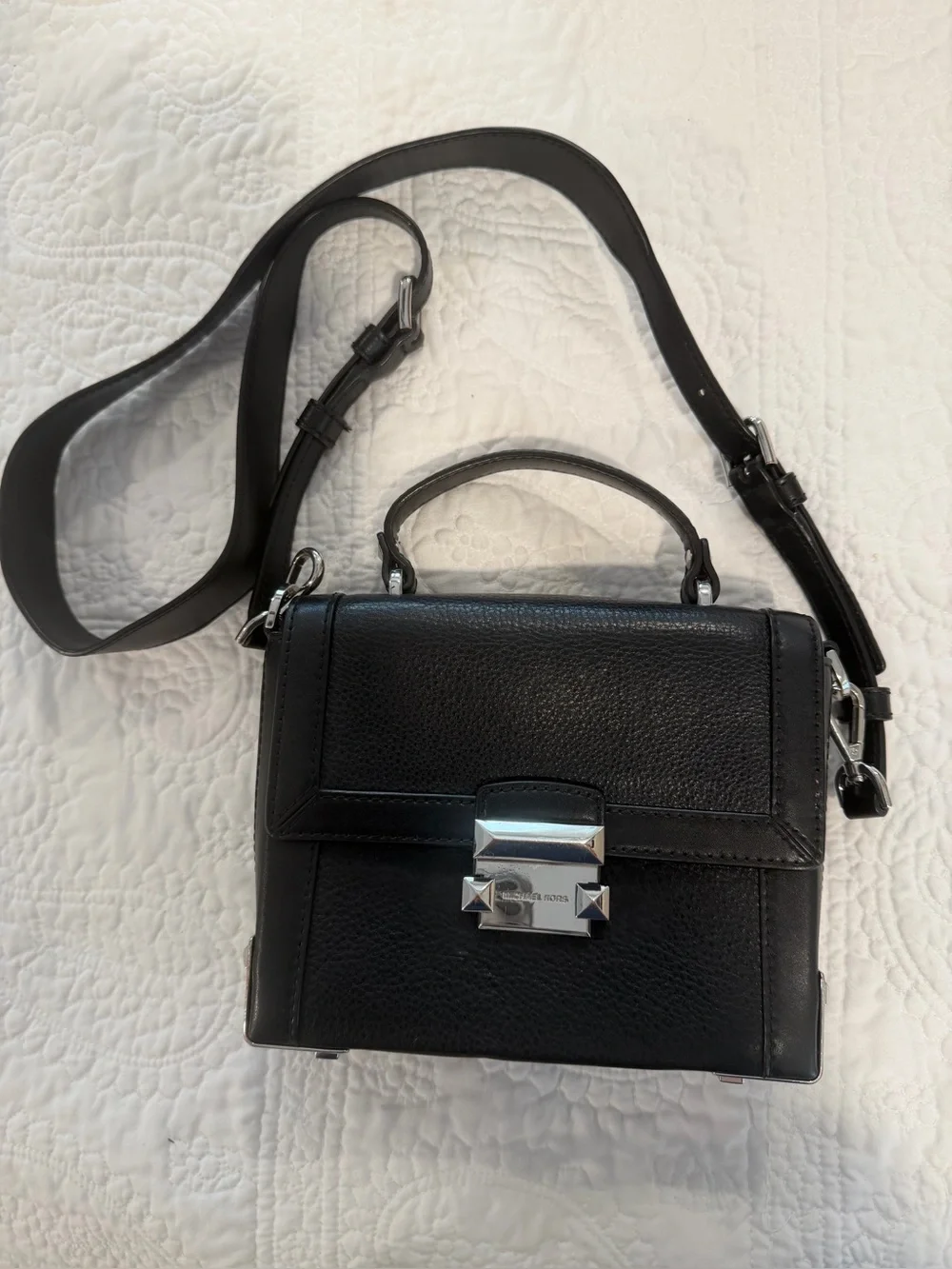 Michael Kors Jayne Small Black Leather Trunk Satchel Crossbody